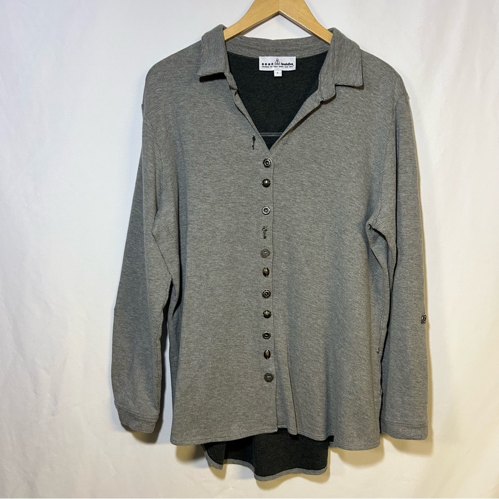 Neon Buddha Gray Cardigan Sweater size Large decorative buttons Collar